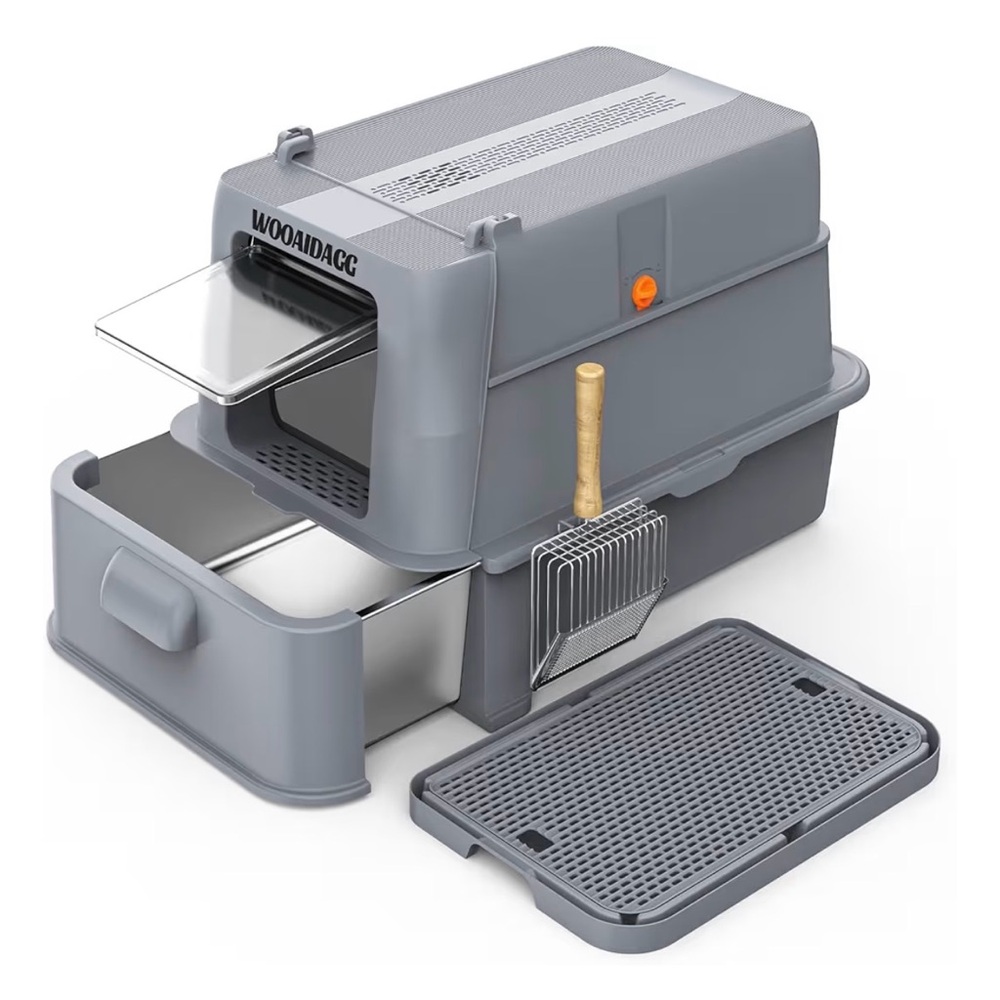 Gray Covered Cat Litter Box with Drawer and Scoop